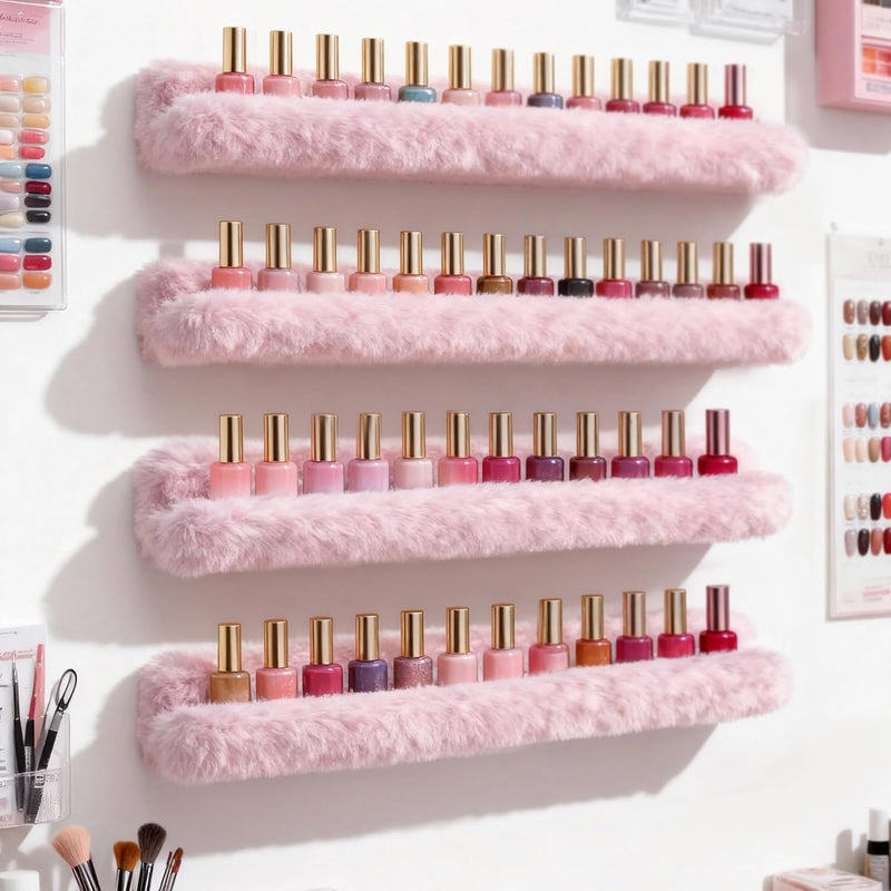 YMVV Nail Polish Wall Shelf - 15-Inch Furry Plush Display & Organizer Rack, Holds 60+ Polishes, Soft Ledge for Bedroom, Bathroom, Salon - Protects Bottles from Scratches，6 Pack Pink - Image 2